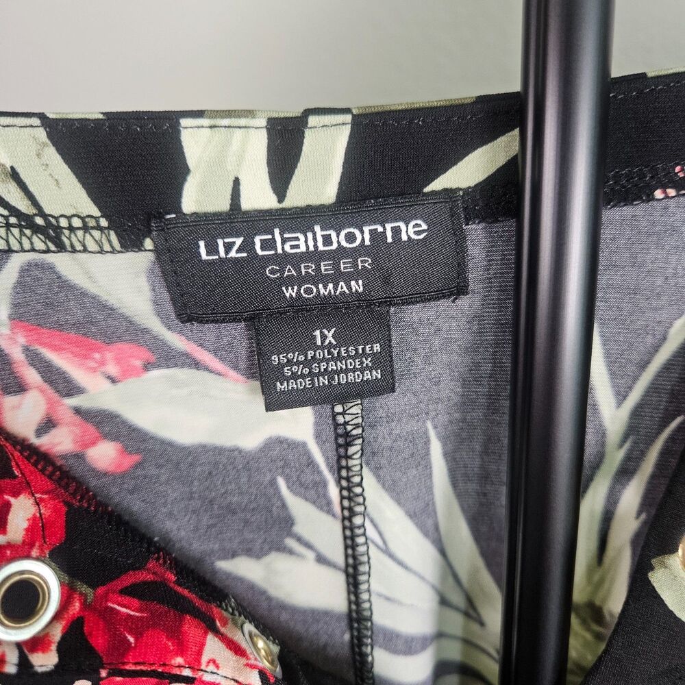 Liz Claiborne Career Woman 1X Floral Top Plus Size Black Red Stretch Blouse - Picture 2 of 6